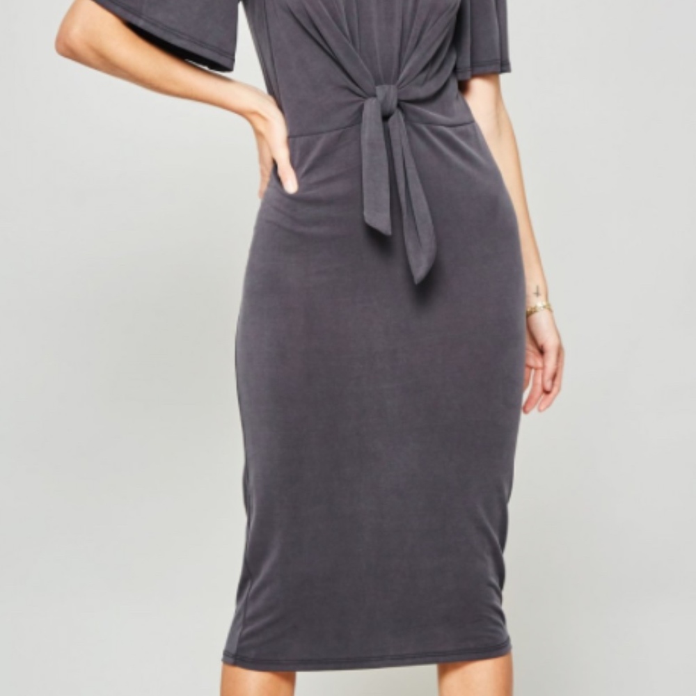 Modal knit dress featuring off-the-shoulder - Picture 2 of 3